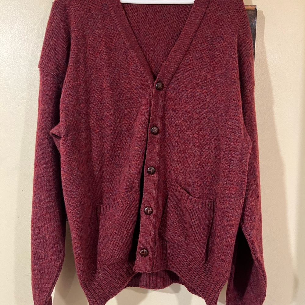 The Moors Burgundy Shetland  Wool Cardigan Sweater Woman’s  XL Button Pockets